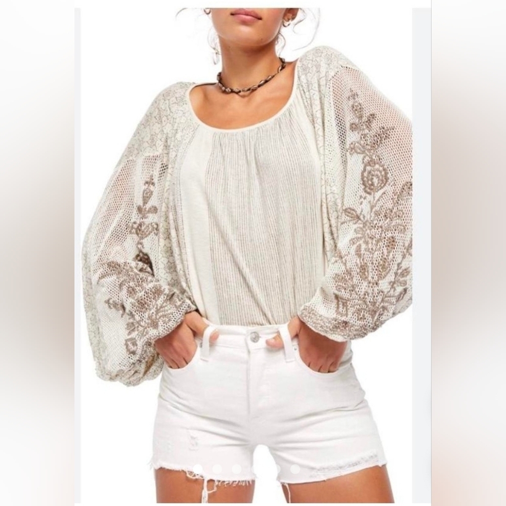 Free People Beige Floral Lace Blouse